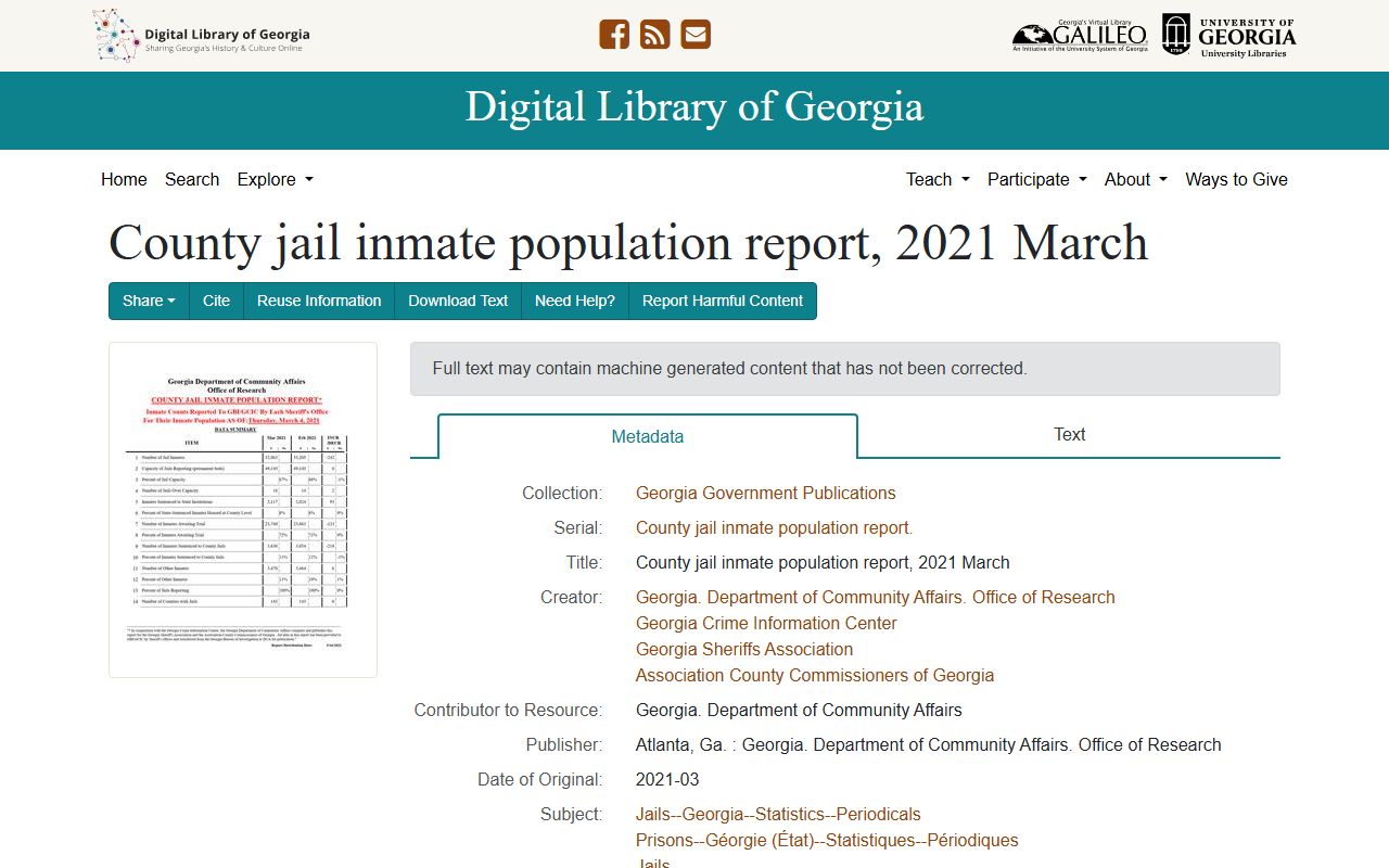 Chattahoochee County Jail no jail population report