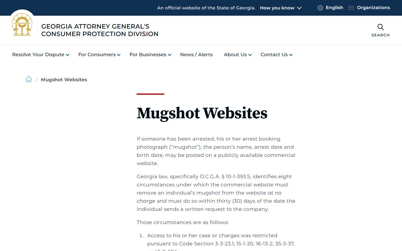 Georgia law for Chattahoochee County jail mugshot removal requests