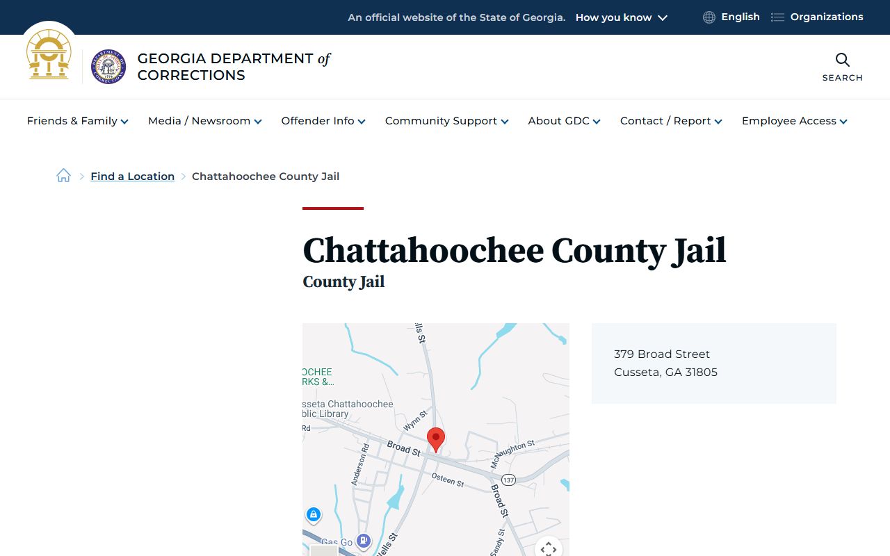 Chattahoochee County Jail GDC location listing for inmate lookup